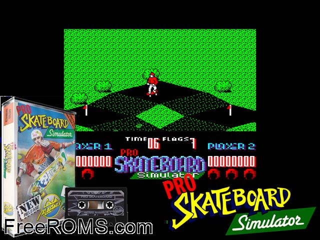 Pro Skateboard Simulator (UK) (1989) [h1] Amstrad CPC game showing 3D box cover and gameplay screenshot
